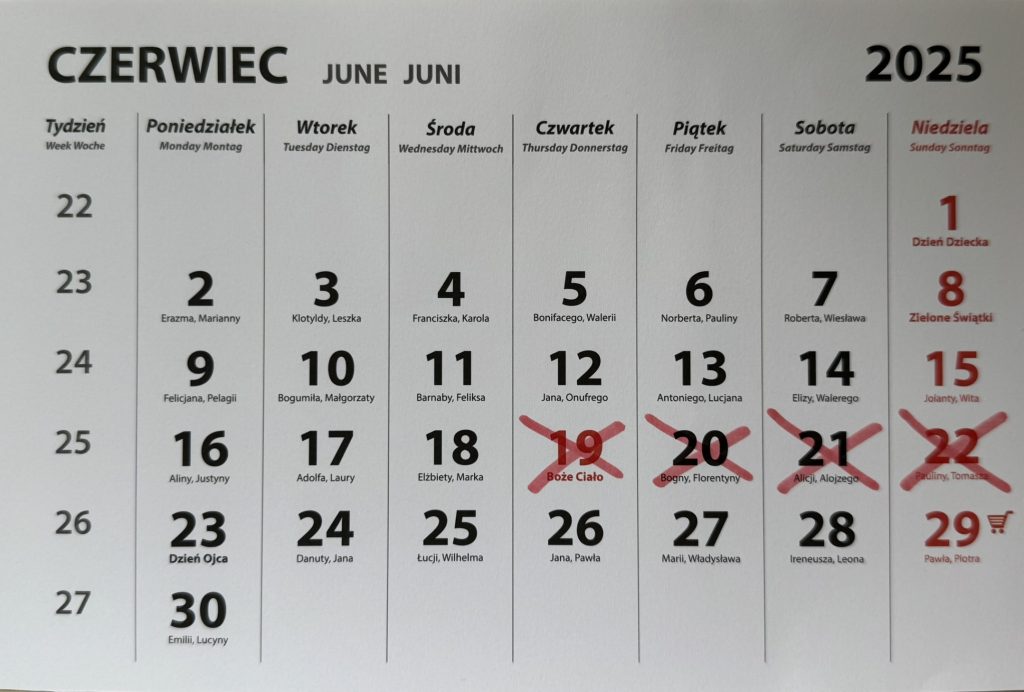Dni wolne od pracy w Czerwcu 2025