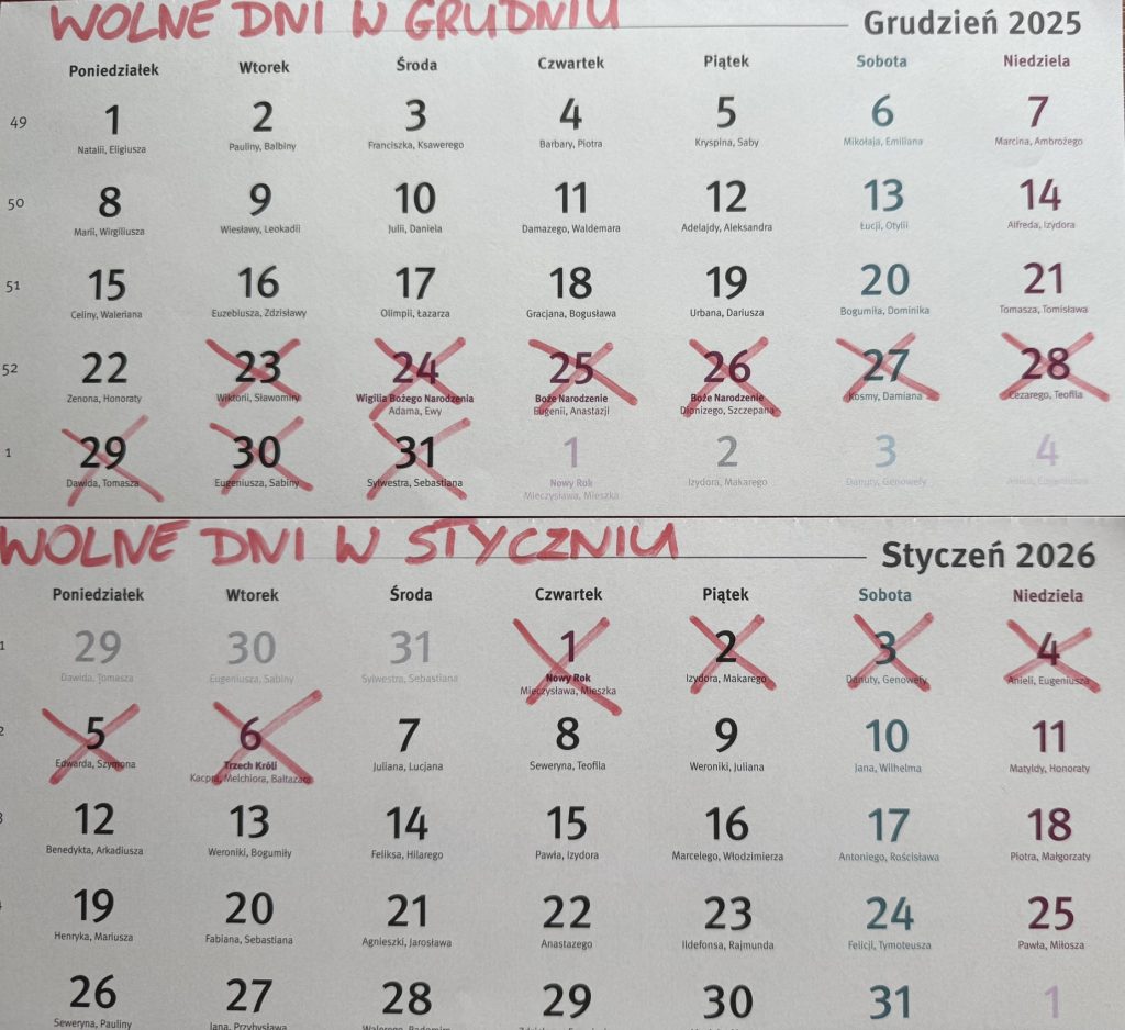 Dni wolne od pracy grudzień 2025 i styczeń 2026