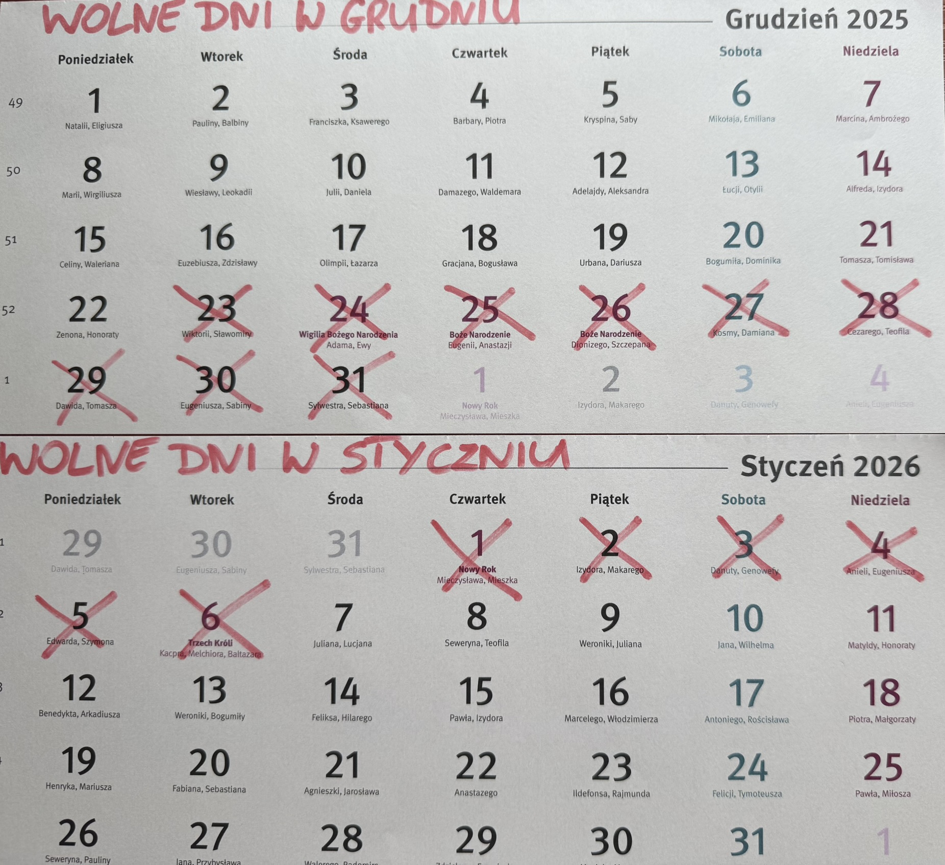 Dni wolne od pracy grudzień 2025 i styczeń 2026